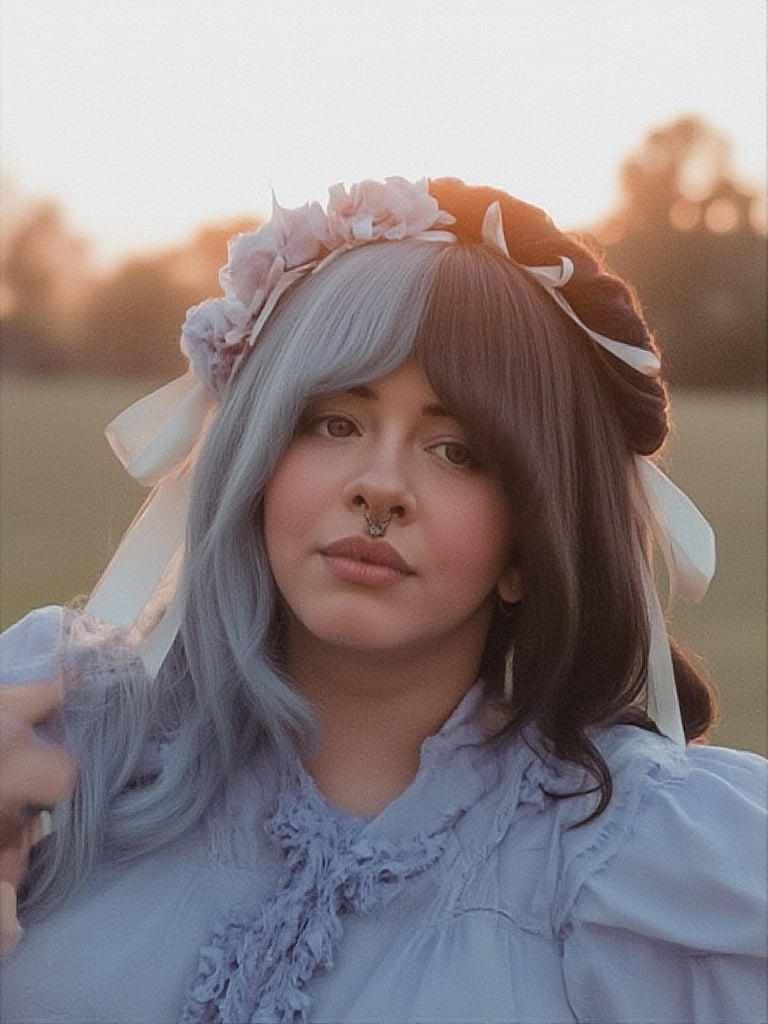 one woman,a girl, full body, clear face, sunset lighting, blue dress pastel ruffles and flowers, full photo, middle split hair,blue hair, blue pastel flowers in hair, wide view, cute pose 