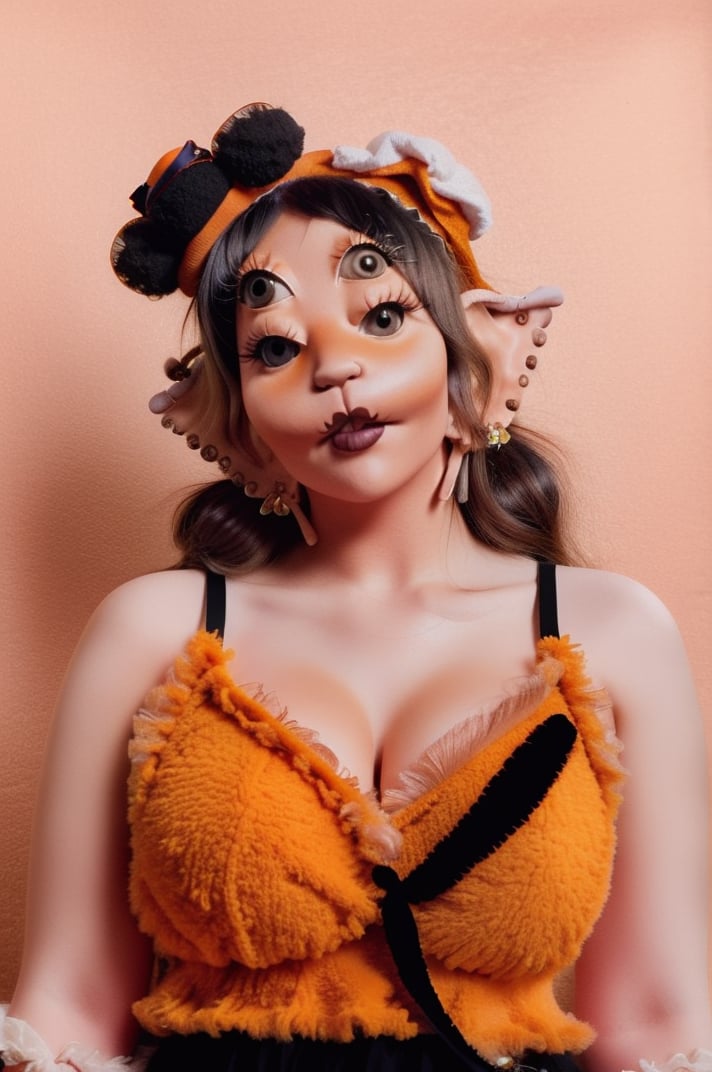 a woman, 4 eyes, pumpkin vibe, fuzzy pumpkin orange dress with a fuzzy headband and black face makeup, clear 