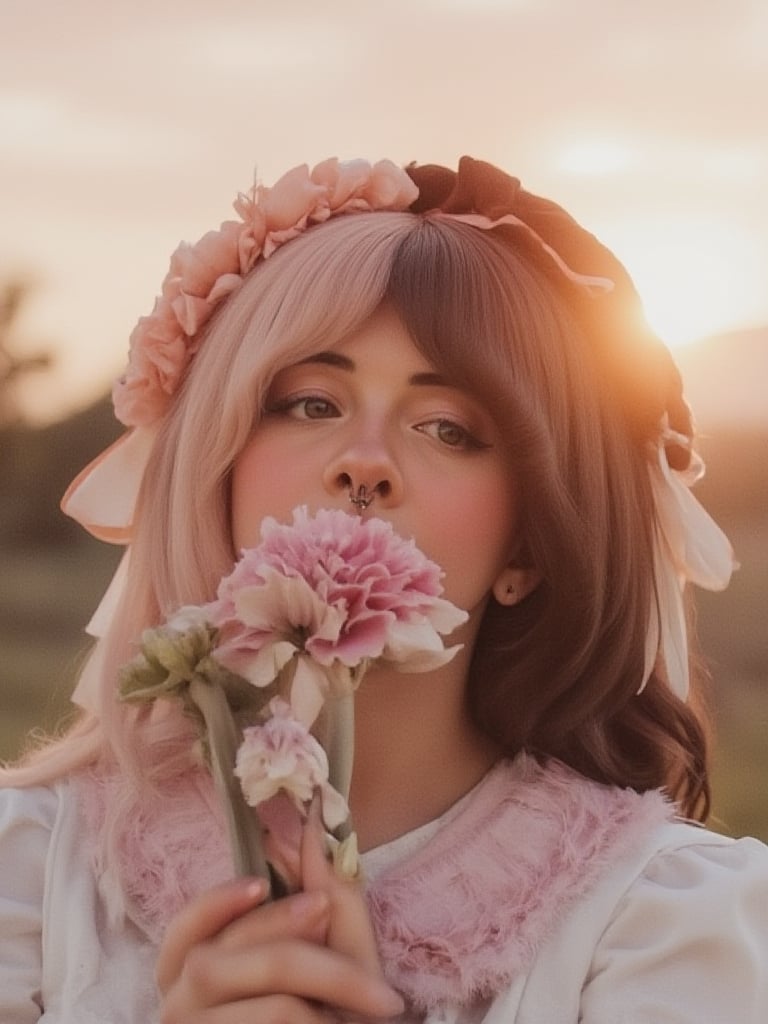 one woman,a girl, fullbody, clear face, sunset lighting, full, white dress pink ruffles and flowers, full photo, middle split dye pink hair, pink flowers in hair, wide view 