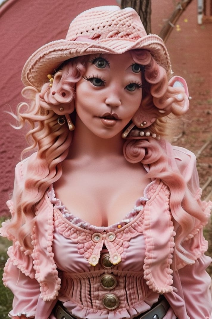 a woman, 4 eyes, pink Rinestoned cowgirl outfit , pink rinestoned cowgirl hat, orange curly hair, clear