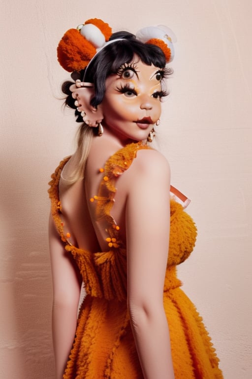 a woman, 4 eyes, pumpkin vibe, fuzzy pumpkin orange dress with a fuzzy headband and black face makeup, clear 