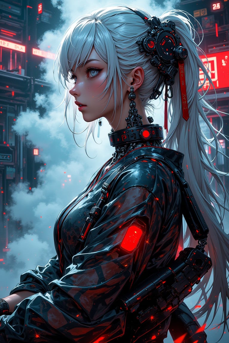 (Author: Carne Griffiths, Conrad Roset), 1girl, robot, robot, machinery, mechanical parts, mechanical joints, solo, sitting in a cyberpunk club, looking at the audience, long hair, bangs, jewelry, white hair, earrings , Japanese seethro clothes, , choker, seethro kimono, pleasure android, black choker, cyberpunk, smoke, plastic kimono, sexy, egasumi m3, dark manga, dark anime, anime, see-through kimono, schpicy style