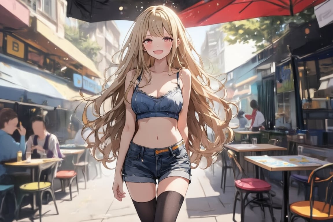 On the terrace of the cafe, a girl wearing a denim top, denim shorts and black stockings smiled happily with her friends. Her hair is long and curly, and her hair is blonde. There are colorful tables and chairs in the background, and the depth of field makes her stand out even more. Light particles illuminate the surroundings. ,acrylic painting,anime style,