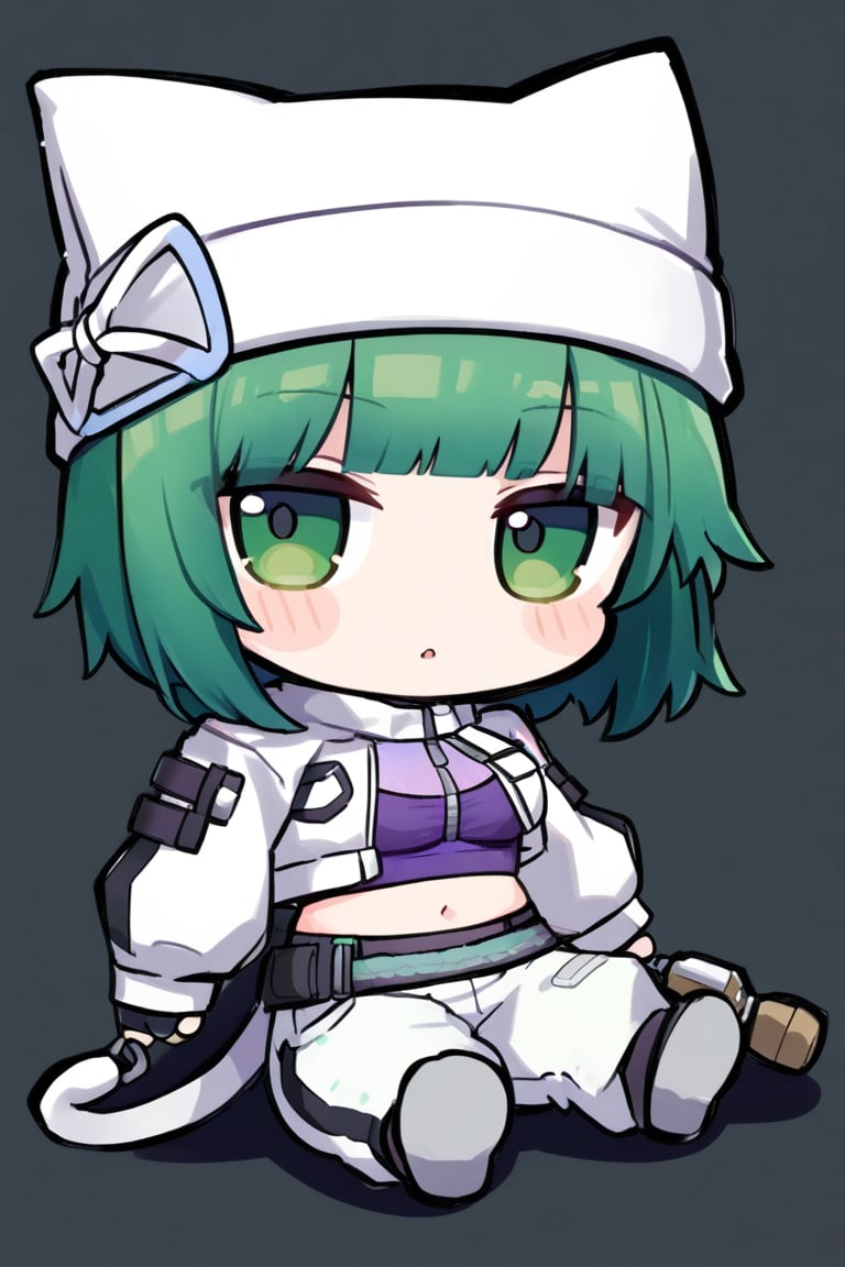 Ela,green hair,green eyes,short hair,purple crop top,cat ears headwear,white hat,white opened jacket,fingerless gloves,long sleeves,white pants,chibi,simple background,full_body,fumo (doll),fumo,sitting