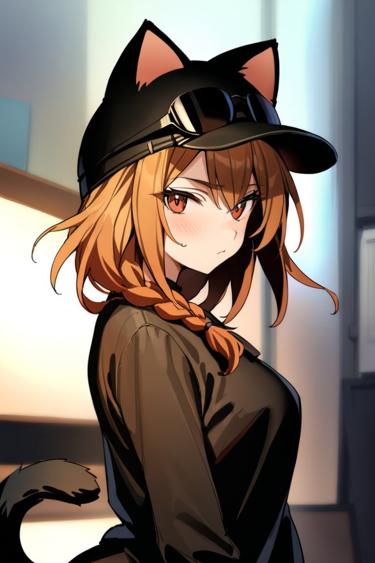 1girl,Ash,short hair,braided hair,brown hair,single braid,cat ears headwear,sunglasses on head,fingerless glove,black clothes,black skrit,black pants,brown boots,cat tail,black bel,black etiquette belt,masterpiece,best quality,look viewer,masterpiece,best quality,chm