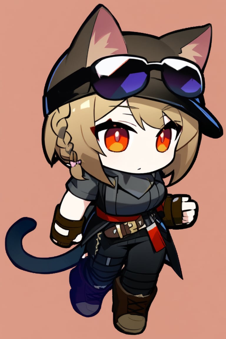 1girl,Ash,short hair,braided hair,brown hair,single braid,cat ears headwear,sunglasses on head,fingerless glove,black clothes,black skrit,black pants,brown boots,cat tail,black bel,black etiquette belt,masterpiece,best quality,chibi,full_body