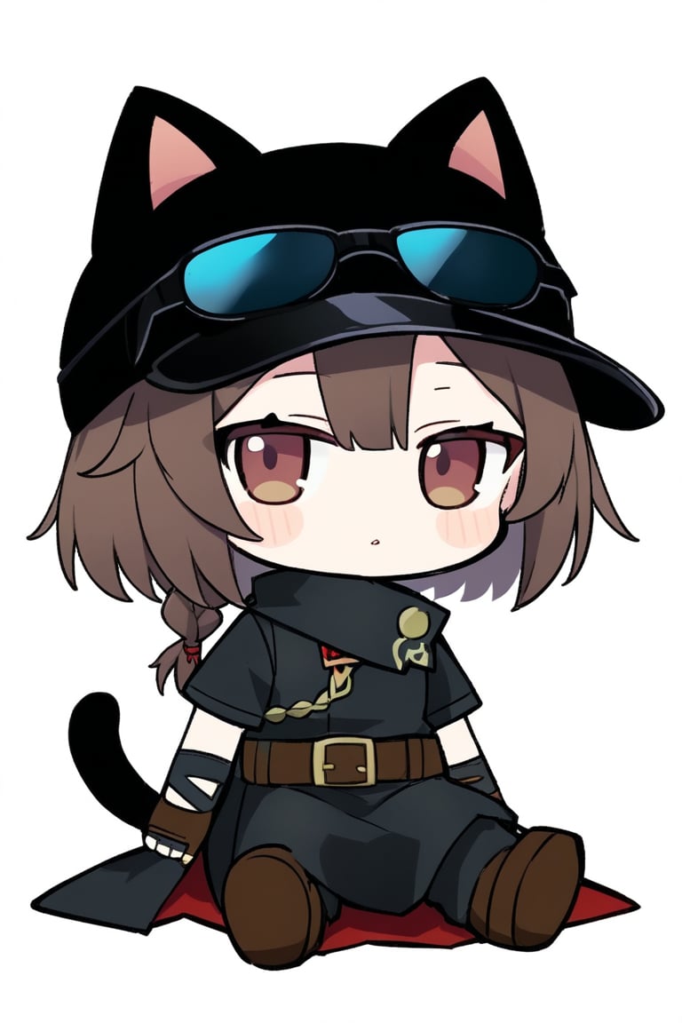 1girl,Ash,short hair,braided hair,brown hair,single braid,cat ears headwear,sunglasses on head,fingerless glove,black clothes,black skrit,black pants,brown boots,cat tail,black belt,black etiquette belt,chibi,simple background,full_body,fumo (doll),fumo,sitting