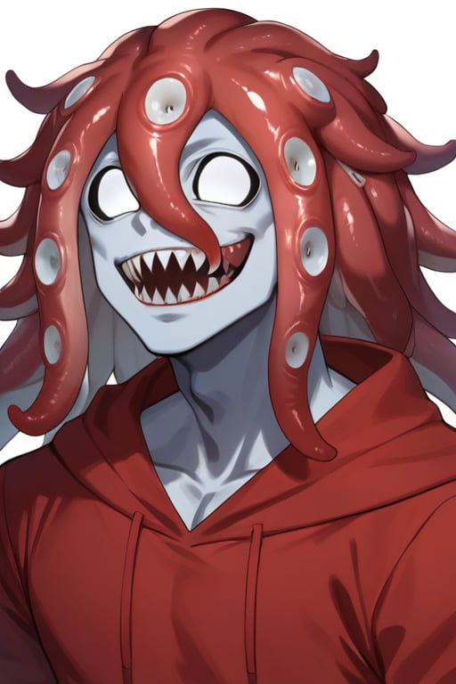 Agoti, Male, White eyes, no Pupils, sharp teeth, tentacle hair, Monster, red hoodie, portrait