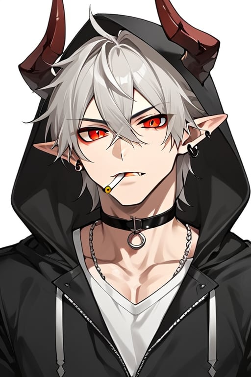 horns, red_hair, pointy_ears, solo, hood, 1boy, male_focus, earrings, cigarette, jewelry, choker, hood_up, piercing, grey_background, long_hair, looking_at_viewer, hair_between_eyes, grey_eyes, demon_horns, ear_piercing, simple_background, white_eyes, fang, portrait