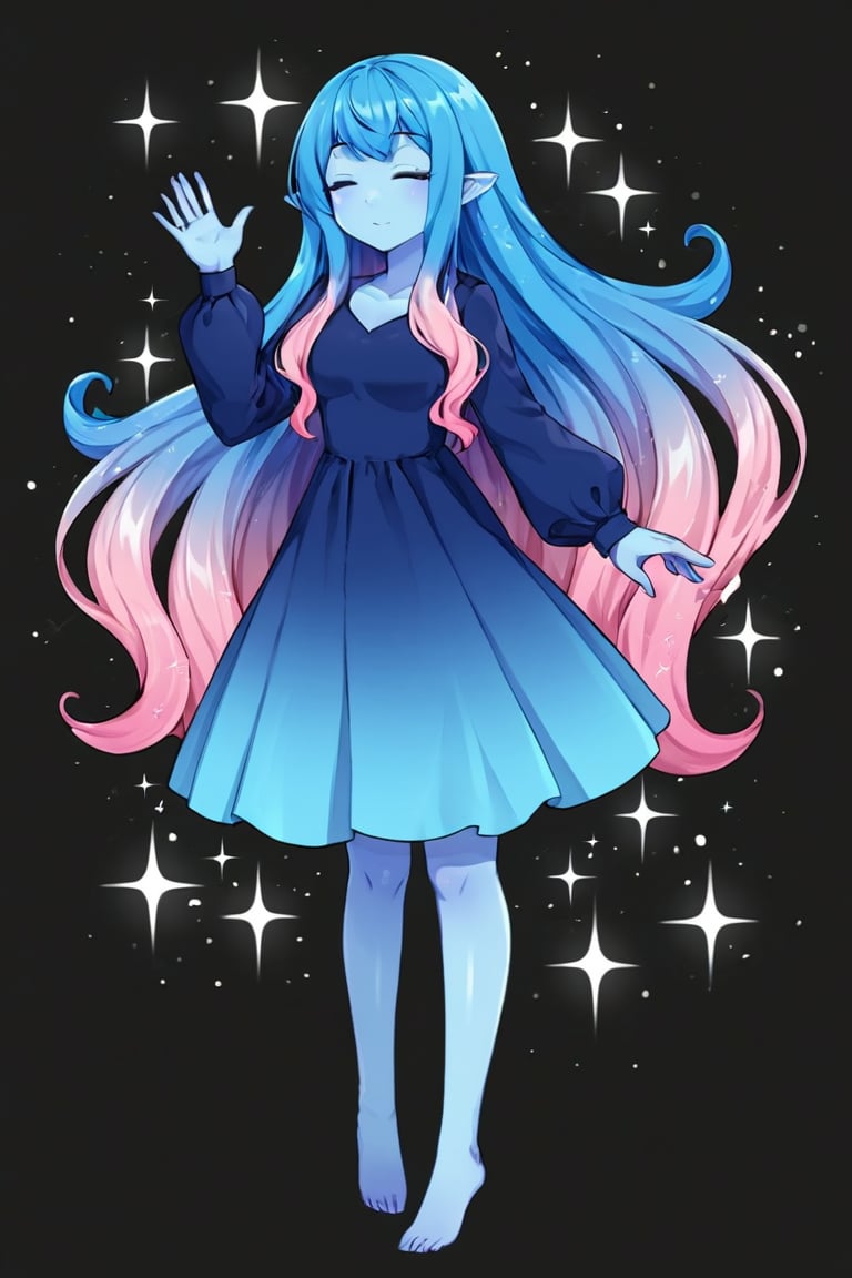 1girl, solo, long hair, simple background, long sleeves, dress, blue hair, standing, full body, closed eyes, pink hair, multicolored hair, artist name, hand up, sparkle, gradient hair, blue dress, colored skin, monster girl, black background, personification