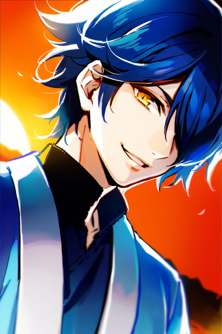 solo, smile, 1boy, blue hair, yellow eyes, upper body, male focus, parted lips, hair over one eye, sunset