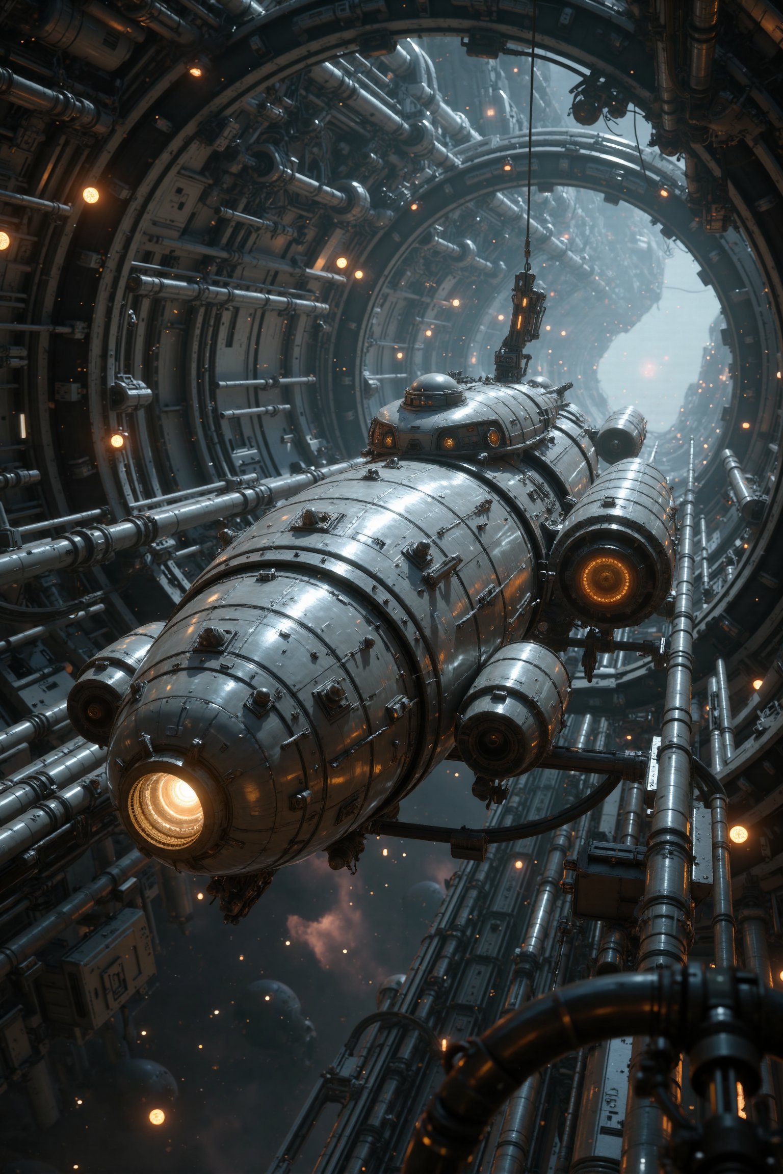 A hyper-realistic,  mesmerizing wide shot of a massive silver spacecraft gliding through the boundless universe. The ship,...