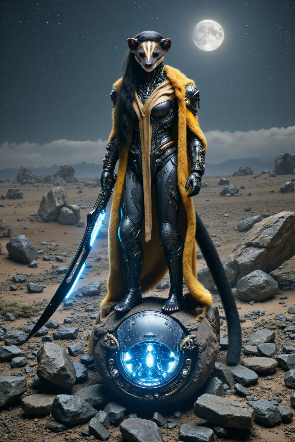 A female alien with a face that blends features of Martes flavigula and human characteristics,  adorned with striking fur...