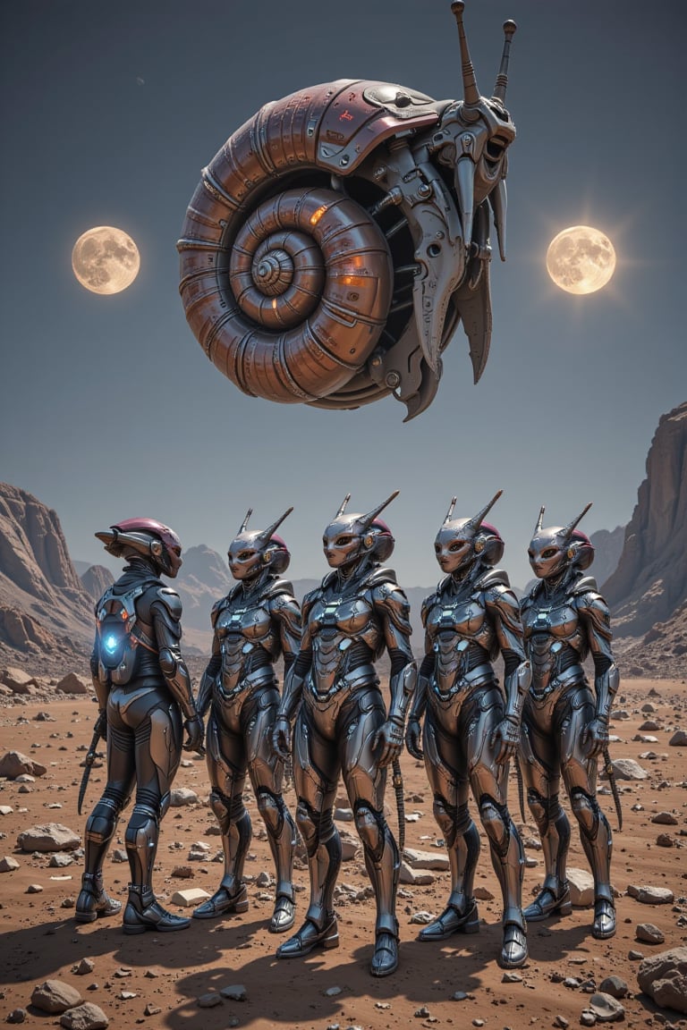 A group of futuristic alien snails with clearly visible spiral snail shells resembling freshwater snails (apple snail-like...