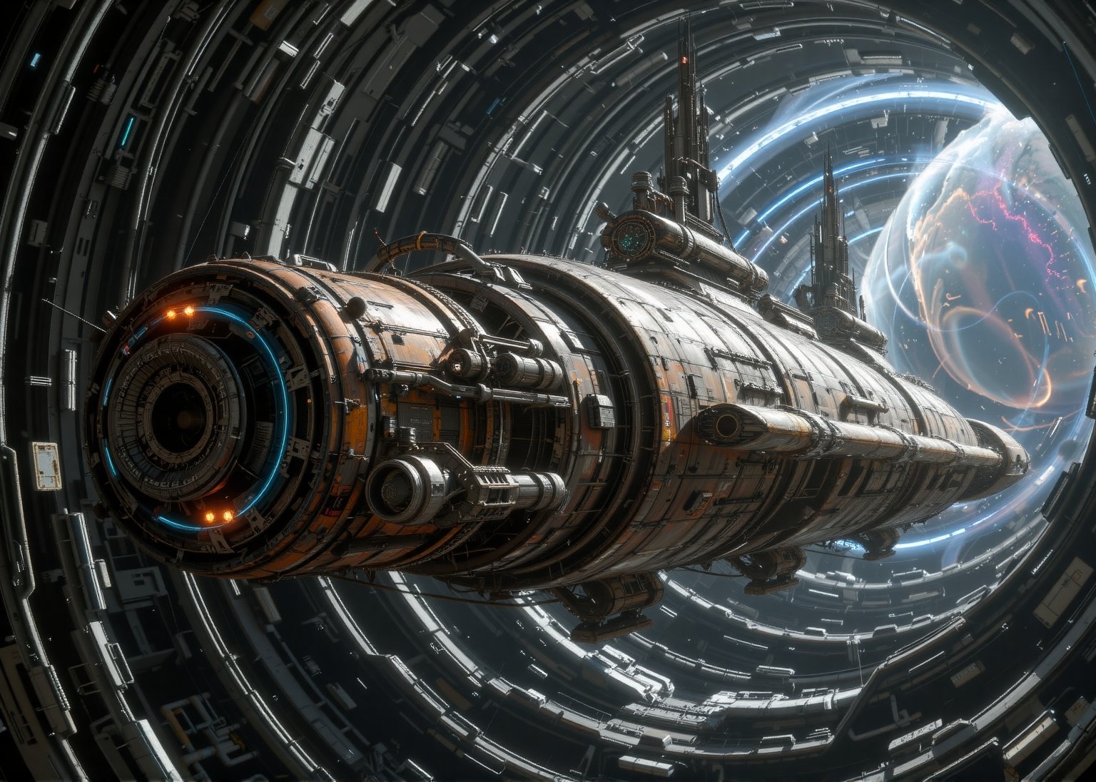 A colossal interstellar immigrant cargo vessel,  vast as a living metallic flying fish,  glides out of a swirling wormhole...