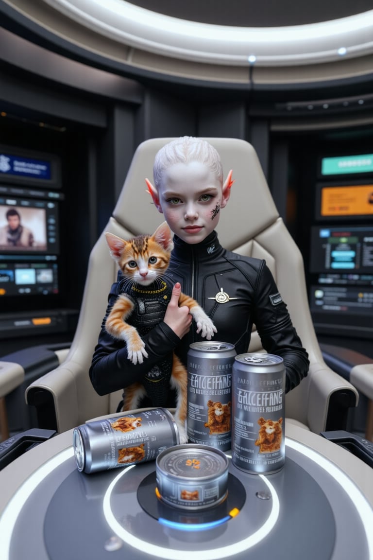 A highly detailed and realistic photograph of an elf-like alien female Star Trek captain with very pale skin,  sitting in...