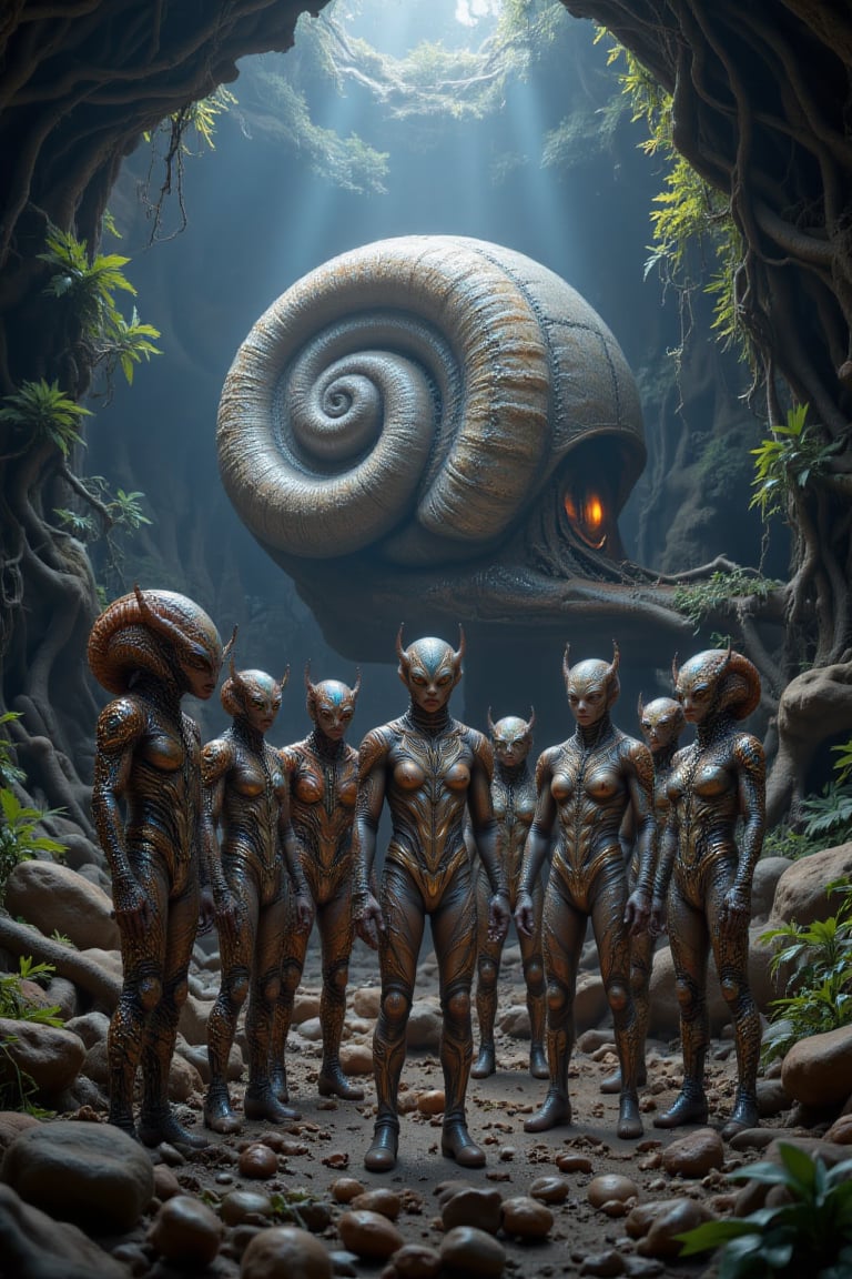A group of futuristic alien snails with clearly visible spiral snail shells resembling freshwater snails (apple snail-like...