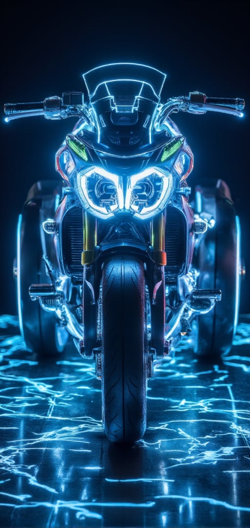 TRON Light Cycle, the super cool "Light Cycle" motorcycle, 32K, -- Chaos <30>, (eye level angle), (close-up), (realistic), (amount of light), (high Image quality), (Volume light) 32K   --chaos <20>  --uplight、（Eye level angle）、（close-up）、（photoreal）、（volumetric light）