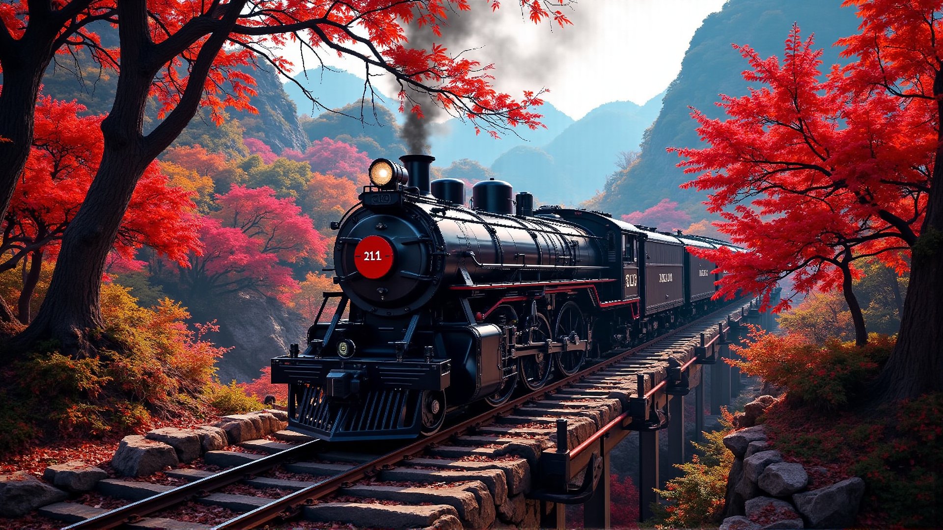 Alishan Forest Railway Steam Locomotive SL-21, with an all-black body, a red circular sticker on the top of the locomotive, with the word 21 printed on it, the locomotive is driving over the ravine, in autumn, there are tall maple trees next to it, red maples, background: blue sky, All the maple leaves are falling, the mountains are 32K,object::5, --chaos <30> --uplight, (perspective), (medium shot), (photo real scene), (volume light)