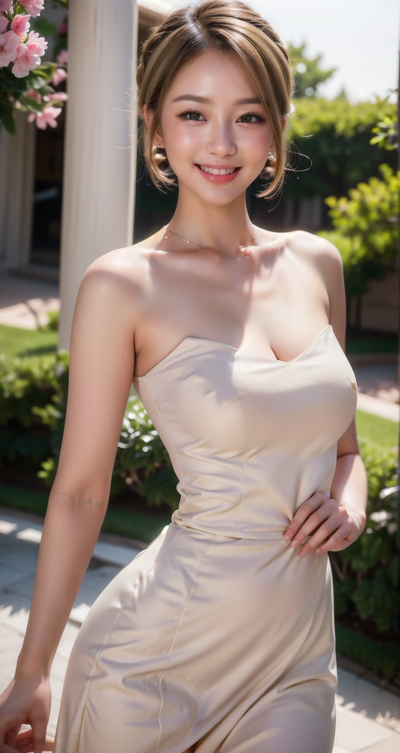 Pretty and charming girl. She wears a very elegant noblewoman oufit. She is a very cute girl. Hyperdetailing masterpiece, hyperdetailing skin, masterpiece quality, with 4k resolution. Charming smile. Short hair, himecut hairstyle, blonde hair. Mansion in background. She belongs to the nobility. bun hairstyle. tender and charming smile.