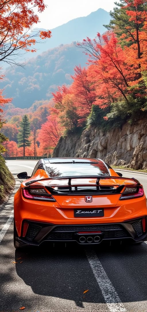 Honda NSX, hot orange glossy carbon fiber body, body painting, bright silver ray forged aluminum wheels, high-strength lightweight wheels, aerodynamic kit, driving on a mountain road on a sunny day, with dense maple leaves on the trees on both sides of the mountain road , red maple leaves, background: clear sky, beautiful mountain scenery, 32K, --chaos<30>, (Eye level angle), (close-up), (realistic), (high quality),（volumetric light）