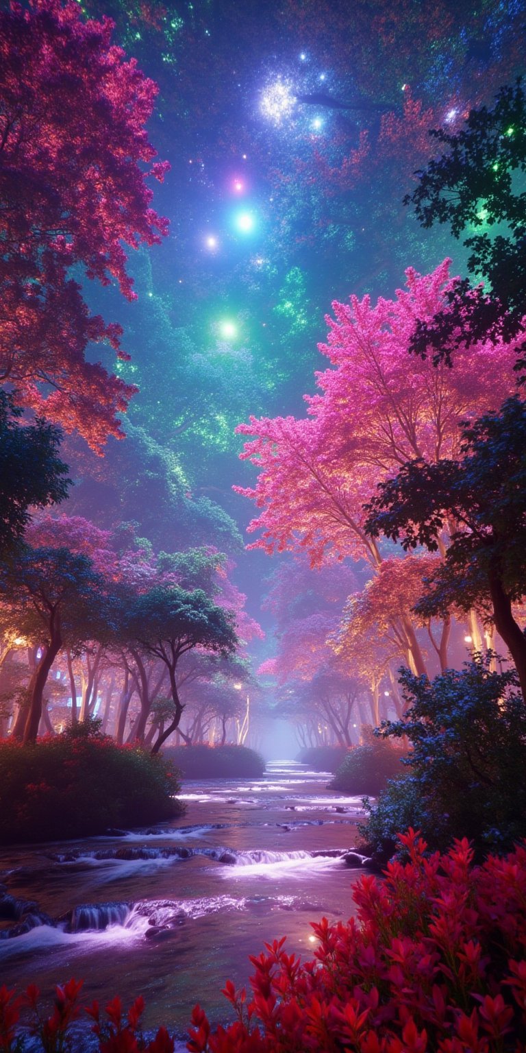 magical planet where everything is vibrant and full of colors where bright trees and flowers 4K    --chaos <30>  --uplight  --q <.25, .5,  2, >、（Eye level angle）、（medium shot）、（photoreal）、（volumetric light） 