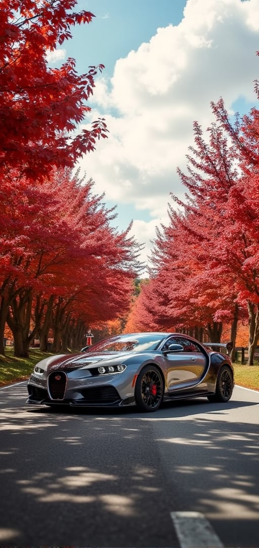 Chiron Pur Sport, 40% Gray color with black spotted line body, black ray forged aluminum alloy wheels, high-strength lightweight wheels, aerodynamic kit, driving on a country road on a sunny day, with dense and red maple leaves on the trees on both sides, like It is a maple red tunnel, background: blue sky, white clouds, 32K, - Chaos <30>, (eye level angle), (close-up), (realistic), (amount of light), (high quality), (volume light)