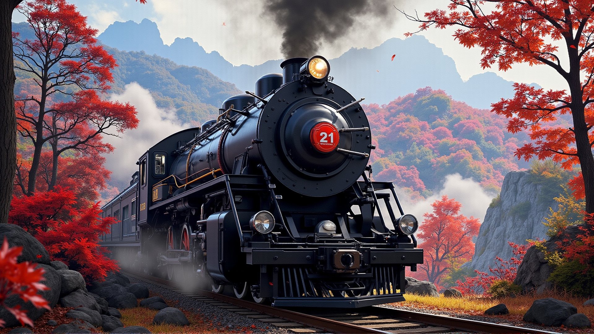 Alishan Forest Railway Steam Locomotive SL-21, with an all-black body, a red circular sticker on the top of the locomotive, with the word 21 printed on it, the locomotive is driving over the ravine, in autumn, there are tall maple trees next to it, red maples, background: blue sky, Maple leaves falling, mountains. 32K --chaos <30> --uplight, (perspective), (close-up), (photo real scene), (volume light)