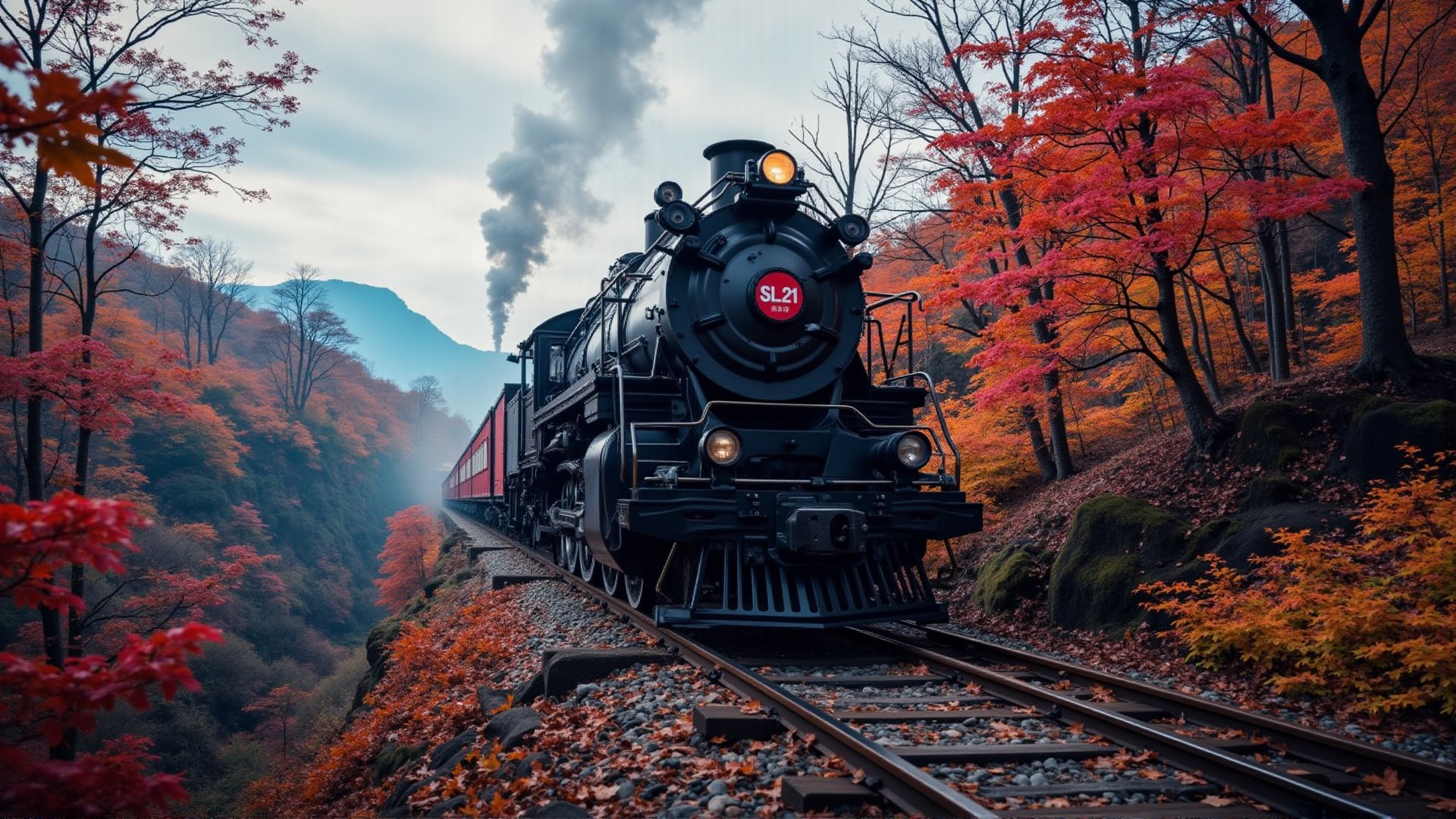 Alishan Forest Railway Steam Locomotive SL-21, with an all-black body, a red circular sticker on the top of the locomotive, with the word 21 printed on it, the locomotive is driving over the ravine, in autumn, there are tall maple trees next to it, red maples, background: blue sky, maple leaves falling, mountains. 32K, --chaos <30> --uplight, (perspective), (long shoot), (photo real scene), (soft lights),（cinematic shot）