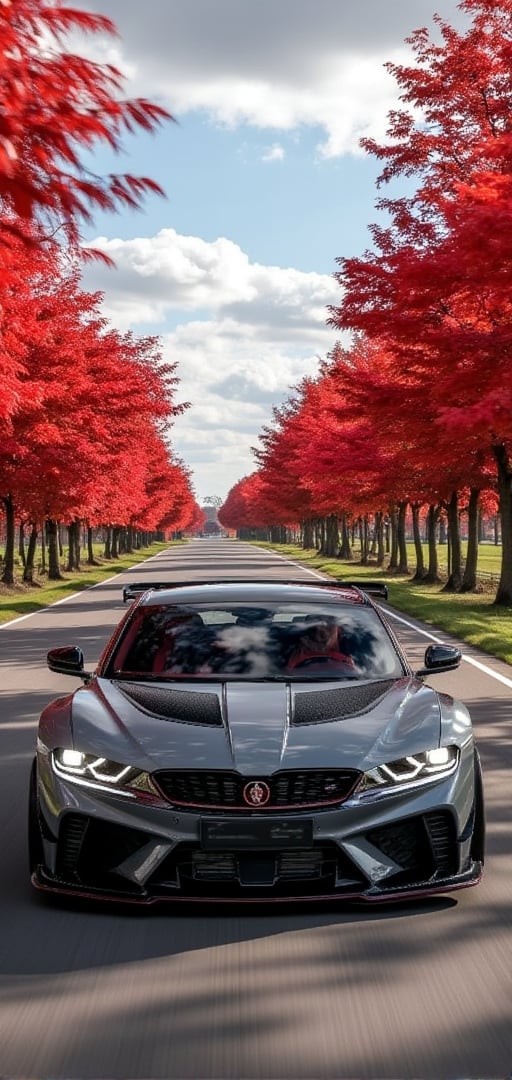 Chiron Pur Sport, 40% Gray color with black spotted line body, black ray forged aluminum alloy wheels, high-strength lightweight wheels, aerodynamic kit, driving on a country road on a sunny day, with dense and red maple leaves on the trees on both sides, like It is a maple red tunnel, background: blue sky, white clouds, 32K, - Chaos <30>, (eye level angle), (close-up), (realistic), (amount of light), (high quality), (volume light)