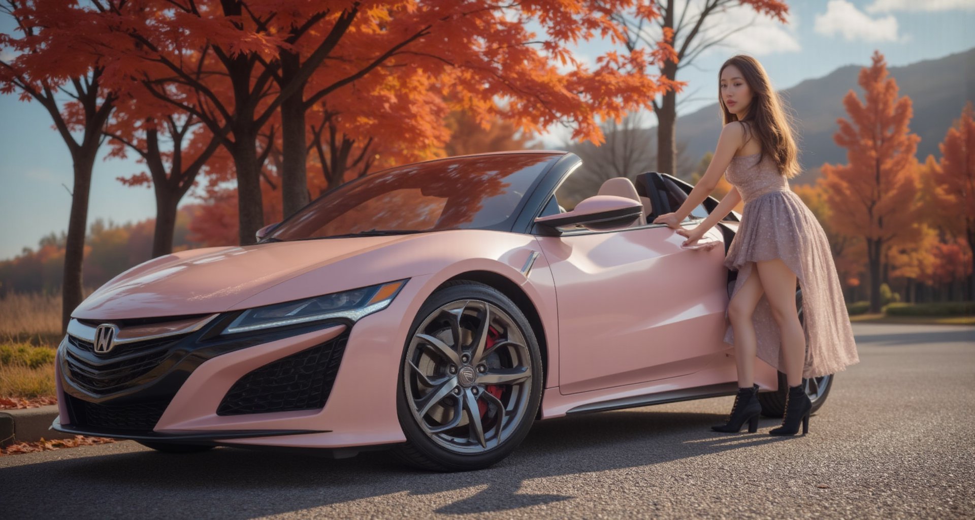 Honda NSX Hybrid, pearl pink body, bright silver ray forged aluminum alloy wheels, high-strength lightweight wheels, aerodynamic kit, fixed-wind rear wing, sunny day, female driver with long flowing hair, good figure, wearing shiny silver Wearing a lace tulle dress and black short boots, she parked the car on the side of a country road, leaned on the car and smiled at the camera. There were dense maple leaves on the trees, and the red edges were lit by fire, like the Champs Elysées. The background: blue sky, beautiful Mountain View, 32K, - Chaos <30>, (eye level angle), (close-up), (realistic), (amount of light), (high quality), (volume light)