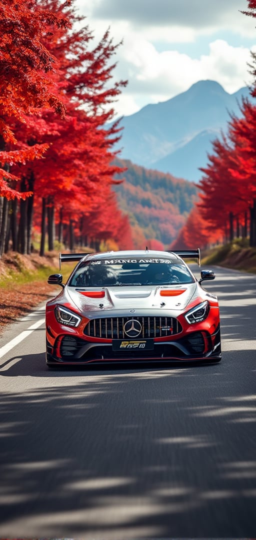 AMG GT3 EDITION 55 special car, bright silver with Carmine diagonal line body, bright silver ray forged aluminum alloy wheels, high-strength lightweight wheels, fixed-wind rear wing, driving on a country road on a sunny day, maple leaves on the trees on both sides Dense and red maples, like a maple-red tunnel, background: blue sky, beautiful mountain scenery, 32K, -- Chaos <30>, (eye level angle), (close-up), (realistic), (amount of light), (high Image quality), (Volume light)