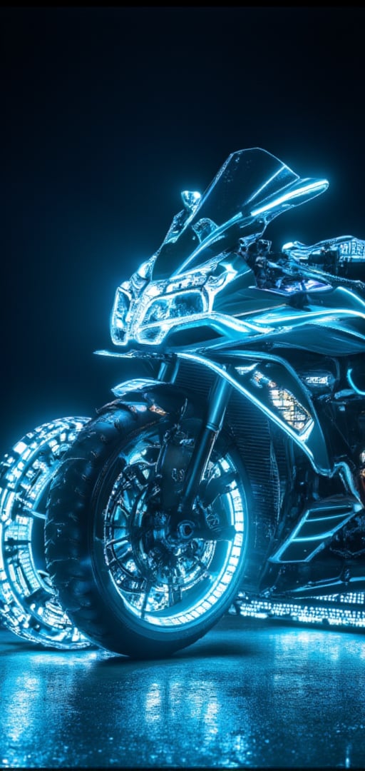 TRON Light Cycle, the super cool "Light Cycle" motorcycle, 32K, -- Chaos <30>, (eye level angle), (close-up), (realistic), (amount of light), (high Image quality), (Volume light) 32K   --chaos <20>  --uplight、（Eye level angle）、（close-up）、（photoreal）、（volumetric light）