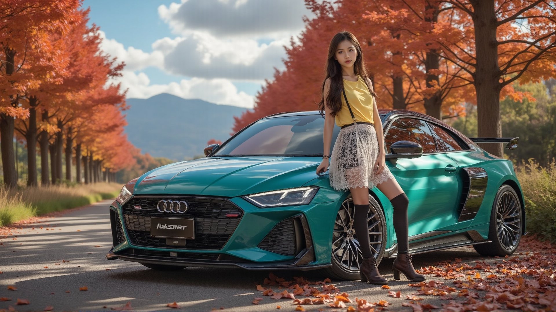 AudiR8 Coupe, Peacock green color body, bright silver ray forged aluminum alloy wheels, high-strength lightweight wheels, aerodynamic kit, sunny day, elegant female driver, long hair, good figure, body proportion is 1:9, she Wearing a yellow lace vest, milky white lace skirt, black suspender mesh stockings and brown lace-up boots. She parked her car on the side of a country road, leaned against the car and smiled at the camera. The trees on both sides are densely covered with red maple leaves, like a red maple tunnel. Background: Mountains, blue sky, white clouds, 32K, - Chaos <30>, (eye level), (close-up), (realistic), (amount of light), (high quality), (volume light)