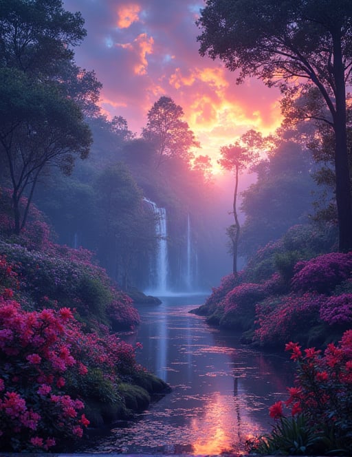 magical planet where everything is vibrant and full of colors where bright trees and flowers