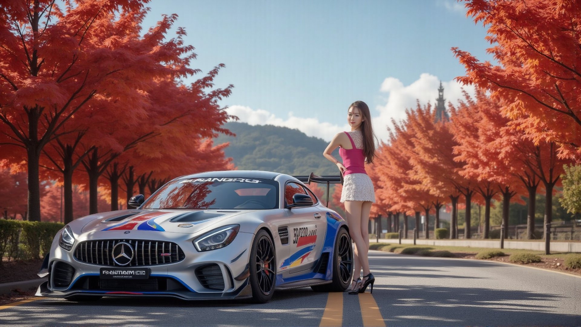 Mercedes-AMG GT3 (C190), bright silver with blue slash body, bright silver ray forged aluminum alloy wheels, high-strength lightweight wheels, fixed-wind rear wing, sunny day, female driver with long flowing hair and figure Jiaohao, wearing a pink vest, white lace miniskirt and black lace-up boots, parked her car on the side of a country road, leaned against the car and smiled at the camera. , Maple Leaf has dense red maple trees on both sides of the road, like a red maple tunnel. Background: blue sky, beautiful mountain scenery, 32K, --chaos <30>, (flat angle), (close-up), (realistic), (amount of light), (high quality), (volume light)