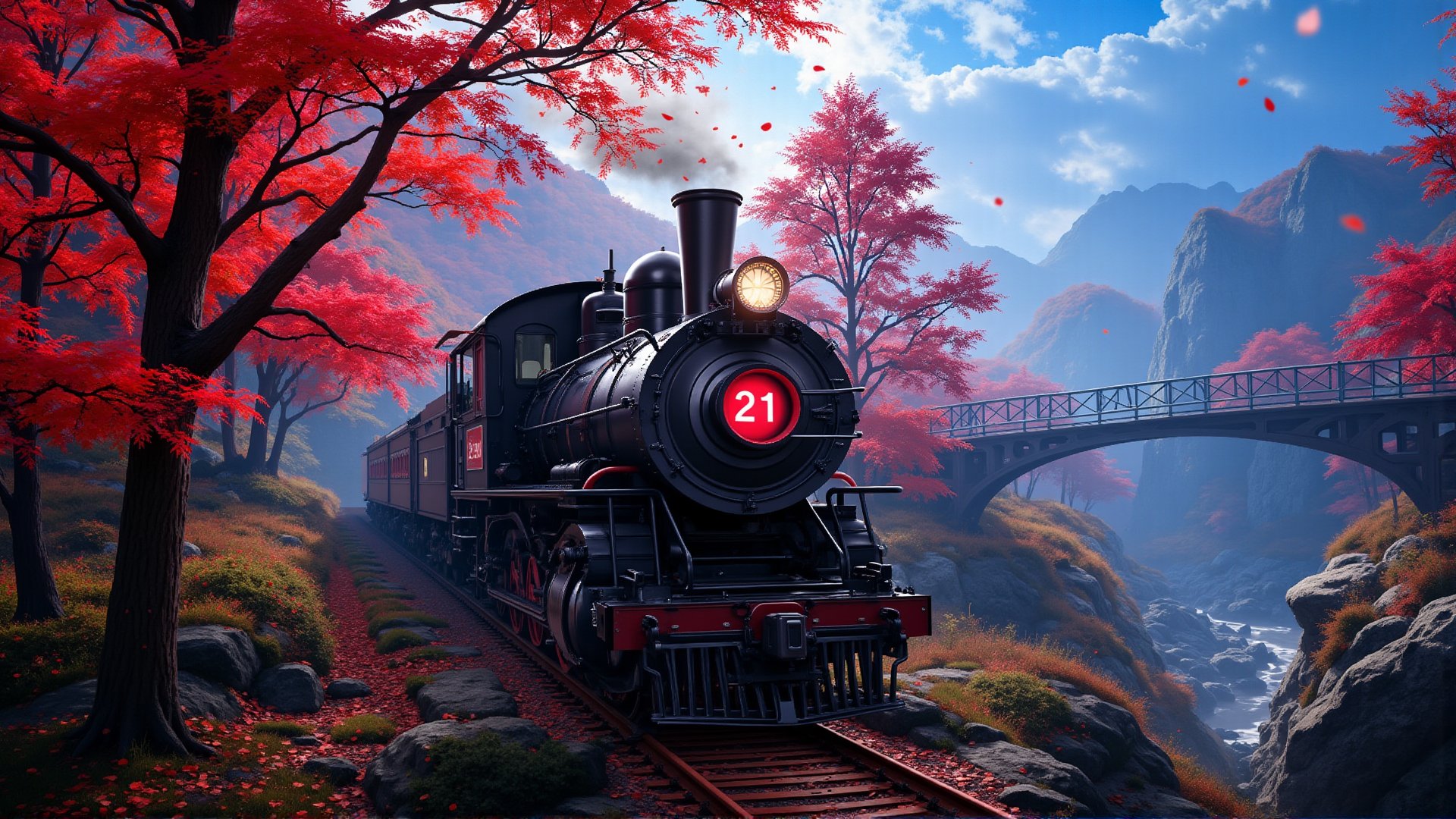 Alishan Forest Railway Steam Locomotive SL-21, with an all-black body, a red circular sticker on the top of the locomotive, with the word 21 printed on it, the locomotive is driving over the ravine, in autumn, there are tall maple trees next to it, red maples, background: blue sky, maple leaves falling, mountains. 32K, --chaos <30> --uplight, (perspective), (long shoot), (photo real scene), (soft lights)