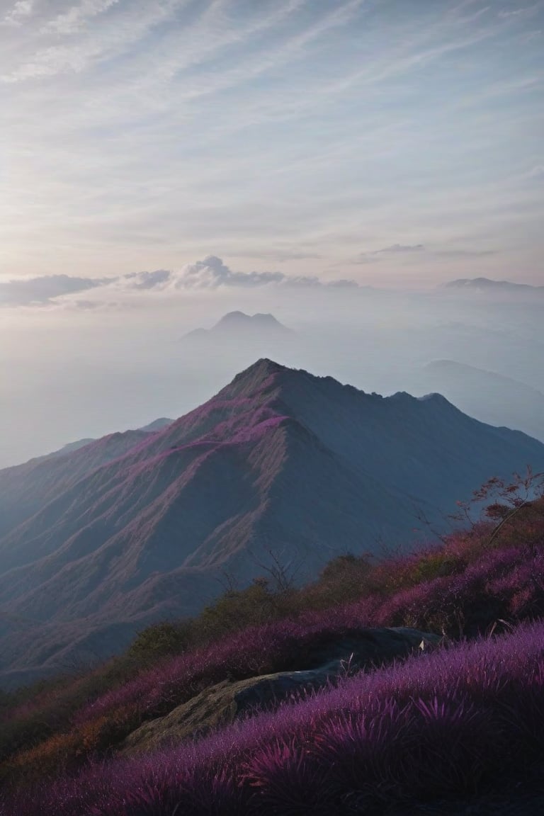 A solitary mountain peak in autumn, blue and purples dominating the color scheme, evoking a sense of melancholy in the style of a Japanese woodblock print  --ar 9:16   --chaos <30>  --uplight、（Eye level angle）、（medium shot）、（photoreal）