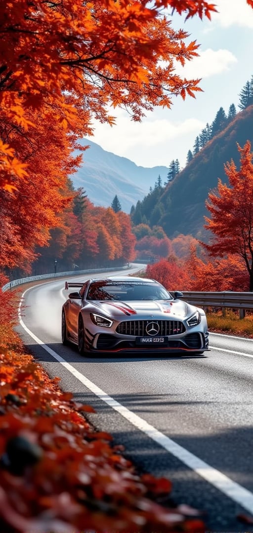 AMG GT3 EDITION 55 special car, bright silver with Carmine diagonal line body, bright silver ray forged aluminum alloy wheels, high-strength lightweight wheels, fixed-wind rear wing, driving on a country road on a sunny day, maple leaves on the trees on both sides Dense and red maples, like a maple-red tunnel, background: blue sky, beautiful mountain scenery, 32K, -- Chaos <30>, (eye level angle), (close-up), (realistic), (amount of light), (high Image quality), (Volume light)