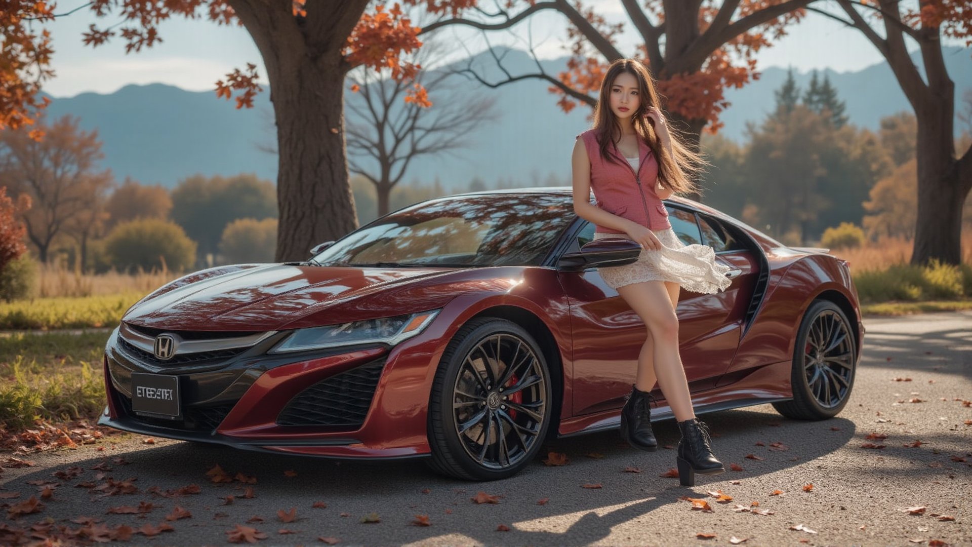 Honda NSX Hybrid, burgundy body, bright silver ray forged aluminum alloy wheels, high-strength lightweight wheels, aerodynamic kit, fixed-wind rear wing, a sunny day, a female driver with long flowing hair, a good figure, wearing a pink vest, Wearing a white lace miniskirt and black stage lightweight sawtooth-soled lace-up boots, she parked the car beside a country road, leaned on the car and smiled at the camera. There were dense maple leaves on the trees, and the red edges were lit by fire, like the Champs Elysées. , Background: blue sky, beautiful mountain scenery, 32K, - Chaos <30>, (eye level angle), (close-up), (realistic), (amount of light), (high quality), (volume light)