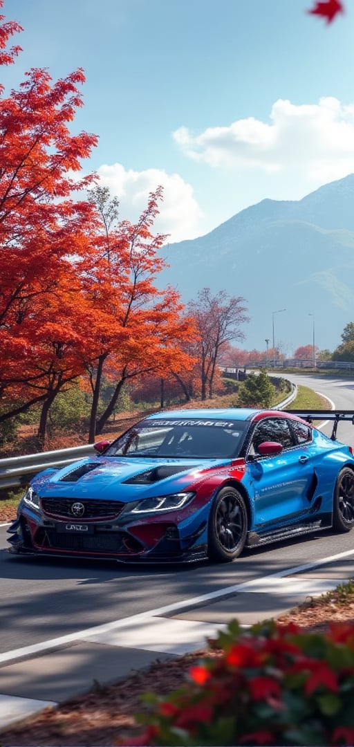 BRZ GT300 race car, Deep Sky Blue body, body painting, bright silver ray forged aluminum wheels, high-strength lightweight wheels, stunning high-rise fixed-wind rear wing, aerodynamic kit, driving on the mountain road on a sunny day , there are dense maple leaves on the trees on both sides of the mountain road, maple red, background: blue sky, beautiful mountain scenery, 32K, - -chaos < 30>, (high angle), (close-up), (realism), (volume light) , (high quality)