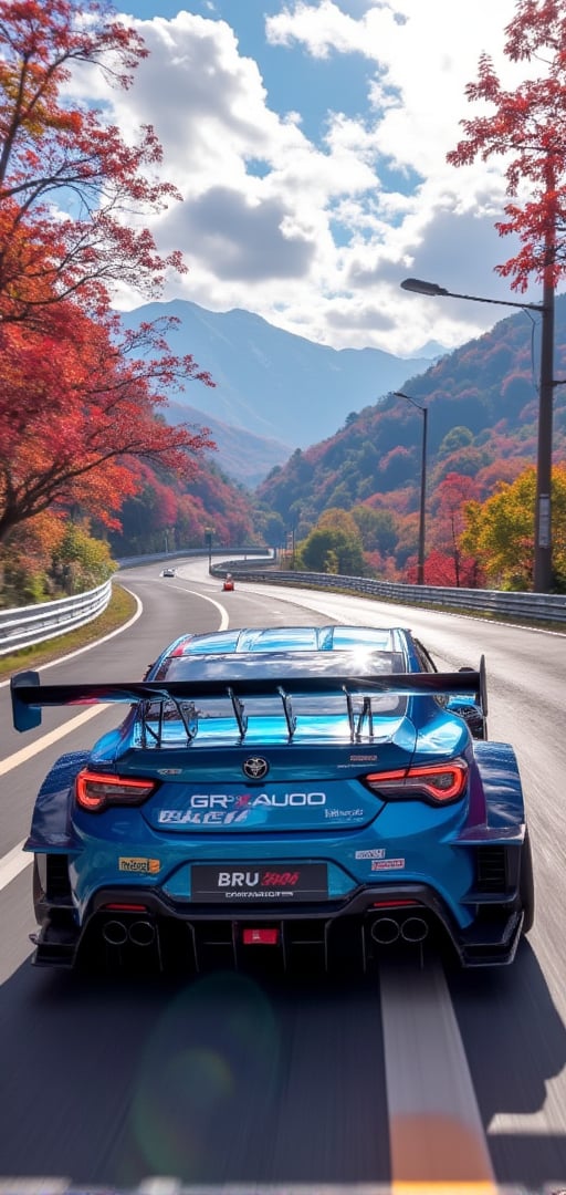 BRZ GT300 race car, Deep Sky Blue body, body painting, bright silver ray forged aluminum wheels, high-strength lightweight wheels, stunning high-rise fixed-wind rear wing, aerodynamic kit, driving on the mountain road on a sunny day , there are dense maple leaves on the trees on both sides of the mountain road, maple red, background: blue sky, beautiful mountain scenery, 32K, - -chaos < 30>, (high angle), (close-up), (realism), (volume light) , (high quality)