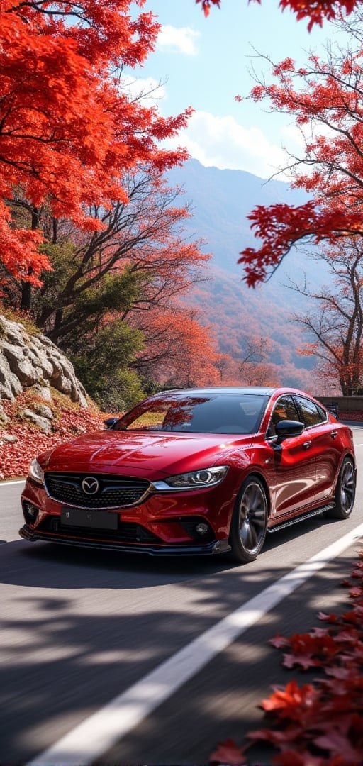 Mazda 6 Redesign, burgundy body, body painting, bright silver ray forged aluminum wheels, high-strength lightweight wheels, aerodynamic kit, driving on a mountain road on a sunny day, with dense maple leaves on the trees on both sides of the mountain road. Red maple leaves, background: clear sky, beautiful mountain scenery, 32K, --chaos<30>, (Eye level angle), (close-up), (realistic), (high quality), (volume light) )