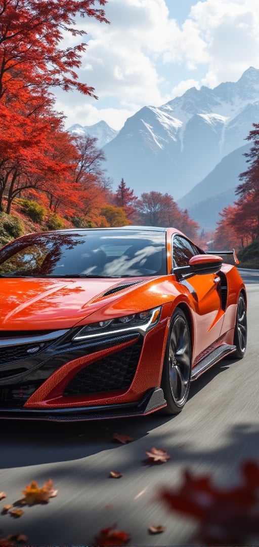 Honda NSX, hot orange glossy carbon fiber body, body painting, bright silver ray forged aluminum wheels, high-strength lightweight wheels, aerodynamic kit, driving on a mountain road on a sunny day, with dense maple leaves on the trees on both sides of the mountain road , red maple leaves, background: clear sky, beautiful mountain scenery, 32K, --chaos<30>, (Eye level angle), (close-up), (realistic), (high quality),（volumetric light）