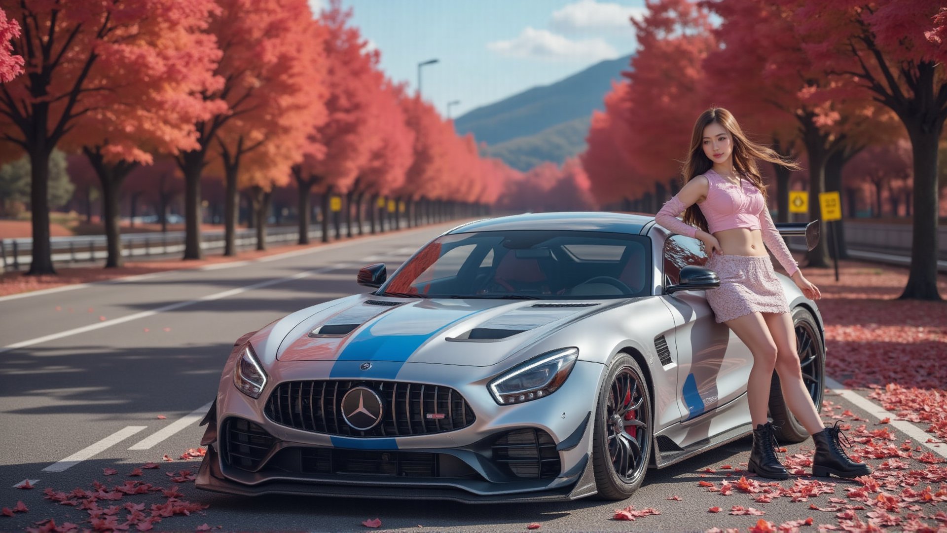 Mercedes-AMG GT3 (C190), bright silver with blue slash body, bright silver ray forged aluminum alloy wheels, high-strength lightweight wheels, fixed-wind rear wing, sunny day, female driver with long flowing hair and figure Jiaohao, with a body ratio of 1:9, was wearing a pink lace vest, a white lace miniskirt and black lace-up boots. She parked the car beside the country road, leaned against the car and smiled at the camera. , Maple Leaf has dense red maple trees on both sides of the road, like a red maple tunnel. Background: blue sky, beautiful mountain scenery, 32K, --chaos <30>, (flat angle), (close-up), (realistic), (amount of light), (high quality), (volume light)