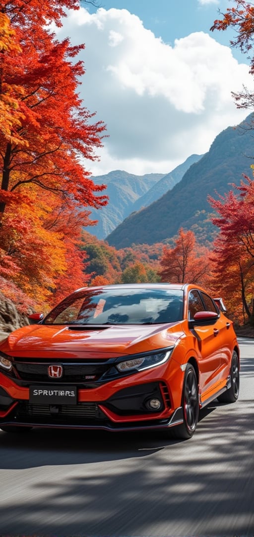 Honda Civic Type R, hot orange glossy carbon fiber body, body paint, bright silver ray forged aluminum wheels, high-strength lightweight wheels, aerodynamic kit, driving on a mountain road on a sunny day with dense maple leaves on the trees on both sides , red maple leaves, background: clear sky, beautiful mountain scenery, 32K, --chaos<30>, (flat angle), (close-up), (realistic), (high quality), (volume light) )