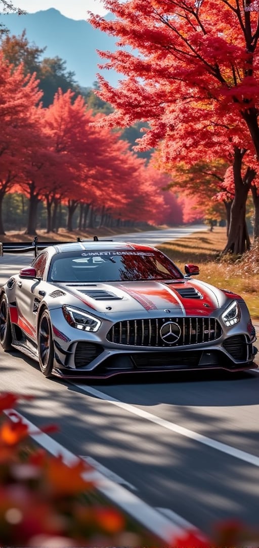 AMG GT3 EDITION 55 special car, bright silver with Carmine diagonal line body, bright silver ray forged aluminum alloy wheels, high-strength lightweight wheels, fixed-wind rear wing, driving on a country road on a sunny day, maple leaves on the trees on both sides Dense and red maples, like a maple-red tunnel, background: blue sky, beautiful mountain scenery, 32K, -- Chaos <30>, (eye level angle), (close-up), (realistic), (amount of light), (high Image quality), (Volume light)