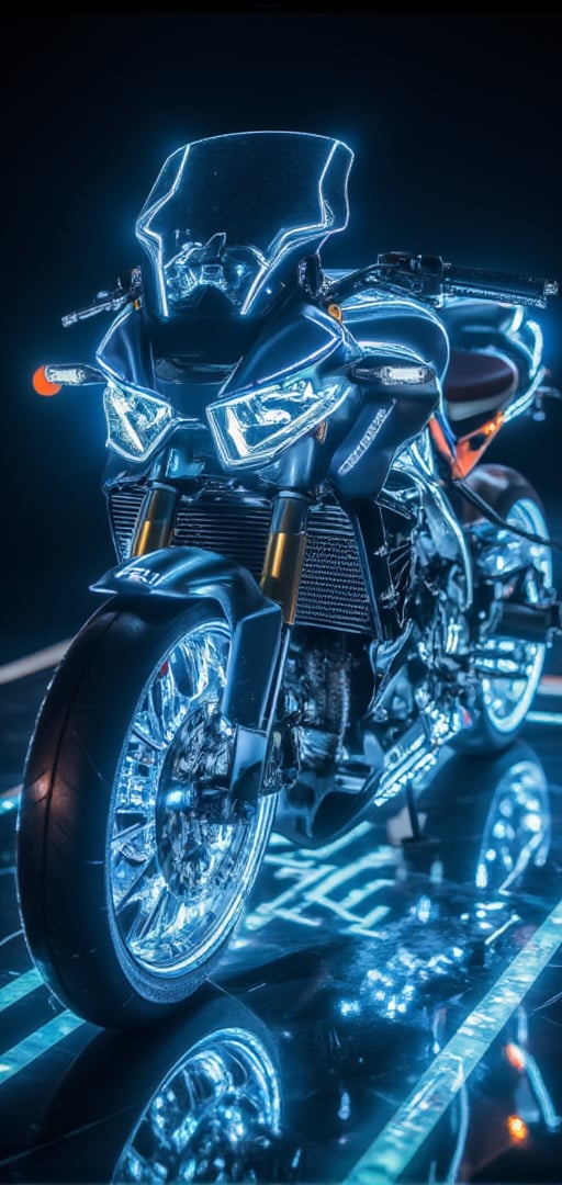 TRON Light Cycle, the super cool "Light Cycle" motorcycle, 32K, -- Chaos <30>, (eye level angle), (close-up), (realistic), (amount of light), (high Image quality), (Volume light)