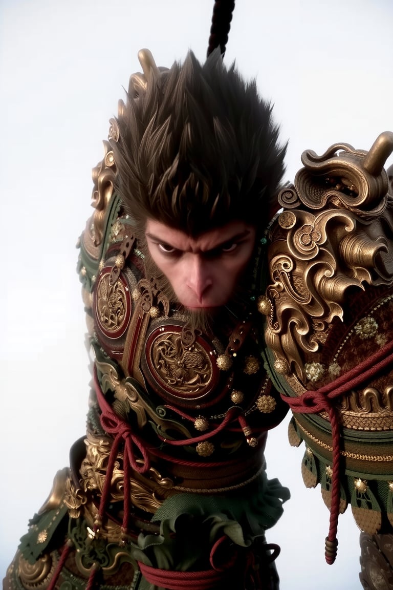 wukong, This image is a highly detailed digital illustration featuring a fierce, mythical character with an anthropomorphic appearance. The character is depicted as a humanoid figure with a large, muscular build and a prominent, bushy mane of dark hair. He has a stern, serious expression with sharp, piercing eyes and a slightly raised brow, suggesting a sense of determination or readiness.The character is dressed in ornate, elaborate armor that is richly detailed with intricate patterns and motifs. The armor is predominantly dark, likely black or dark blue, with gold and silver accents that catch the light, giving it a shimmering effect. The armor is adorned with various decorative elements, including ornate shoulder pads, intricate designs on the chest plate, and long, flowing red ribbons that add a touch of color and contrast. The armor is heavily embellished with traditional Asian motifs, such as dragons and floral patterns, indicating a possible East Asian influence in the design. look at viewer 