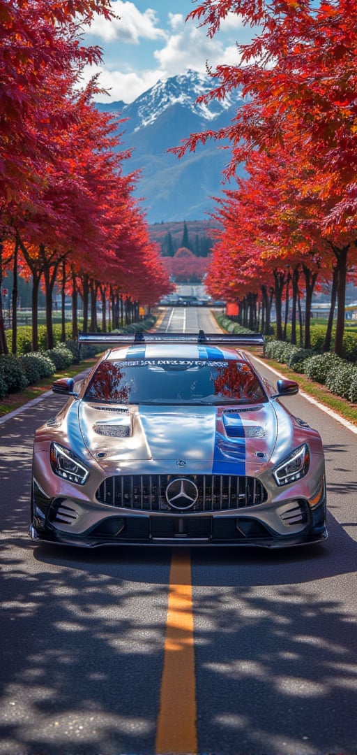 Mercedes-AMG GT3 (C190), bright silver with blue diagonal line body, bright silver ray forged aluminum alloy wheels, high-strength lightweight wheels, fixed-wind rear wing, driving on a country road on a sunny day, maple leaves There are dense red maple trees on both sides of the road, like a red maple tunnel. Background: blue sky, beautiful mountain scenery, 32K, -- Chaos <30>, (flat angle), (close-up), (realistic), (amount of light), (high Image quality), (Volume light)